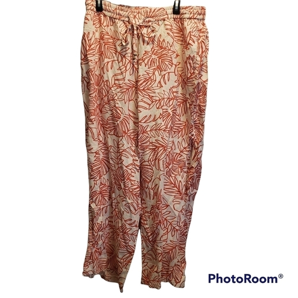 Lane Bryant Pull On Linen Blend Pants Cream Red Palm Leaf Print Womens 14/16 - Picture 12 of 12